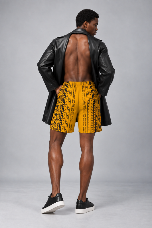 Men's Cotton Beach Shorts — Mudcloth Print, Gold & Black