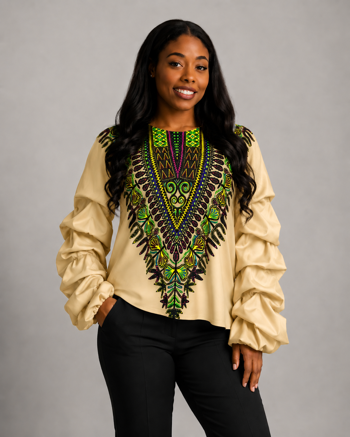 Dashiki Print Ruched Bishop Sleeve Blouse — Crew Neck