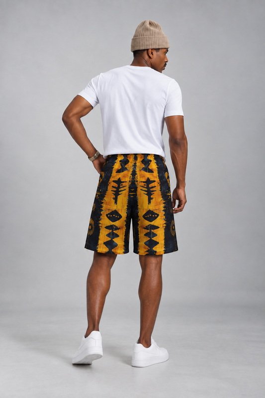 Men's Plus Size Beach Shorts — Bold Tribal Print, Gold & Black