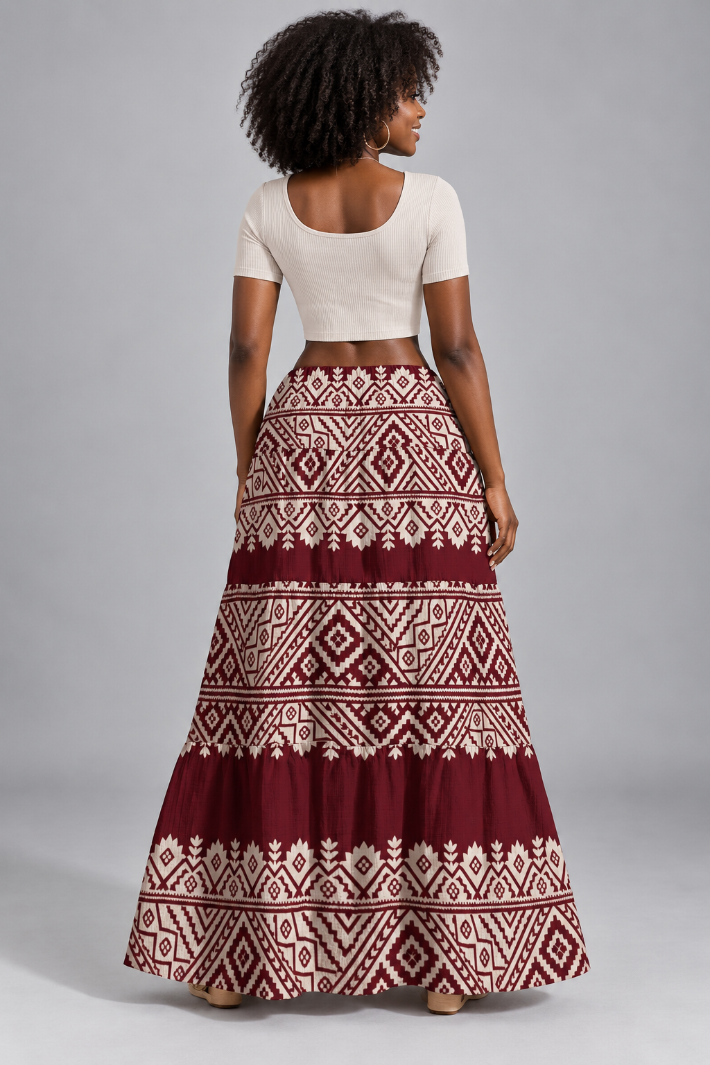 Burgundy Boho Tribal Print Maxi Skirt - Women's Tiered Drawstring Aztec Skirt