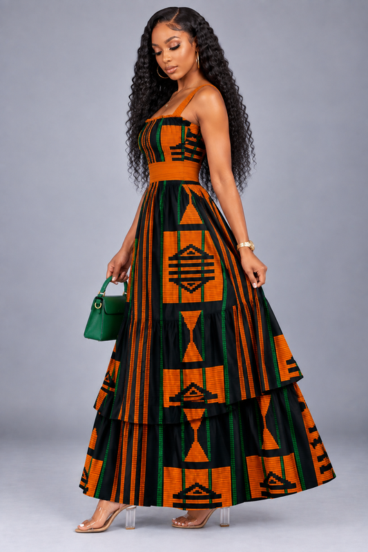 Akwete-Inspired Print Tiered Maxi Dress — Orange, Black & Green