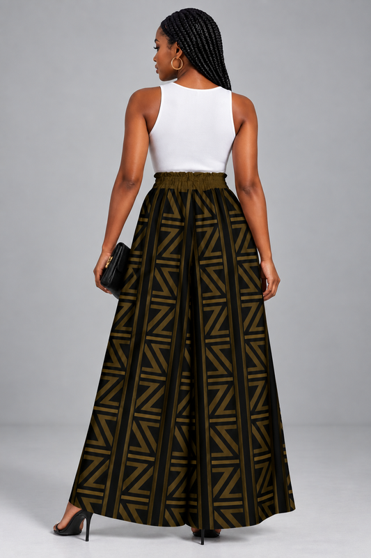 Tribal Geometric Print Wide-Leg Pants — Olive & Black