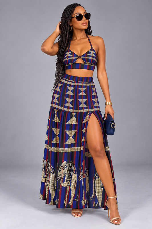 Tribal Print Halter Crop Top & Maxi Skirt Set — Blue, Red & Gold