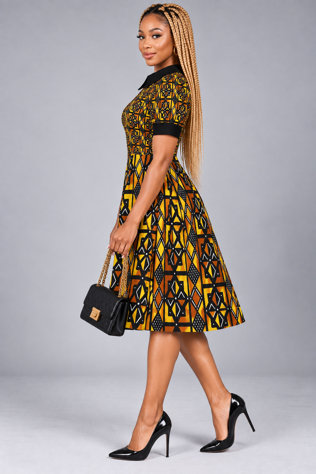 Kente-Inspired Peter Pan Collar Print A-Line Midi Dress