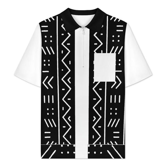 Mudcloth Print Half Zip Shirt with Pocket — Men's Contrast Sleeve