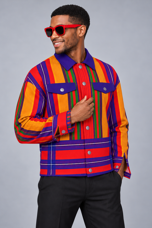 Bold Massai Shuka Inspired Striped Trucker Jacket — Men’s Cotton Canvas