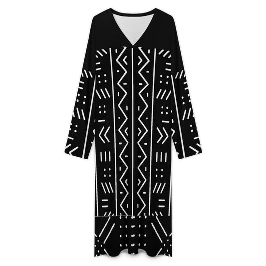 Mudcloth Print Long-Sleeve Robe — Men's V-Neck Kaftan