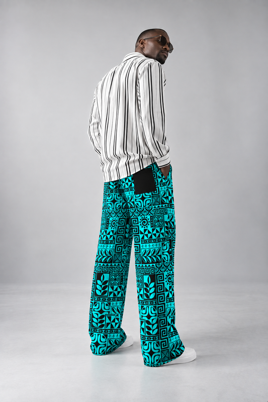 Tribal Print Drawstring Wide Leg Pants — Turquoise & Black