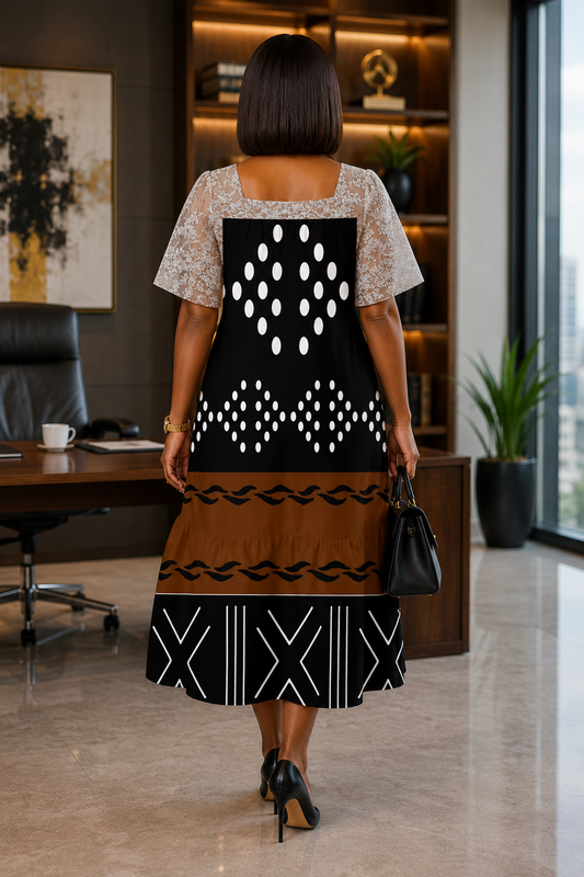 Mudcloth-Inspired Puff Sleeve Square Neck Midi Dress — Plus Size