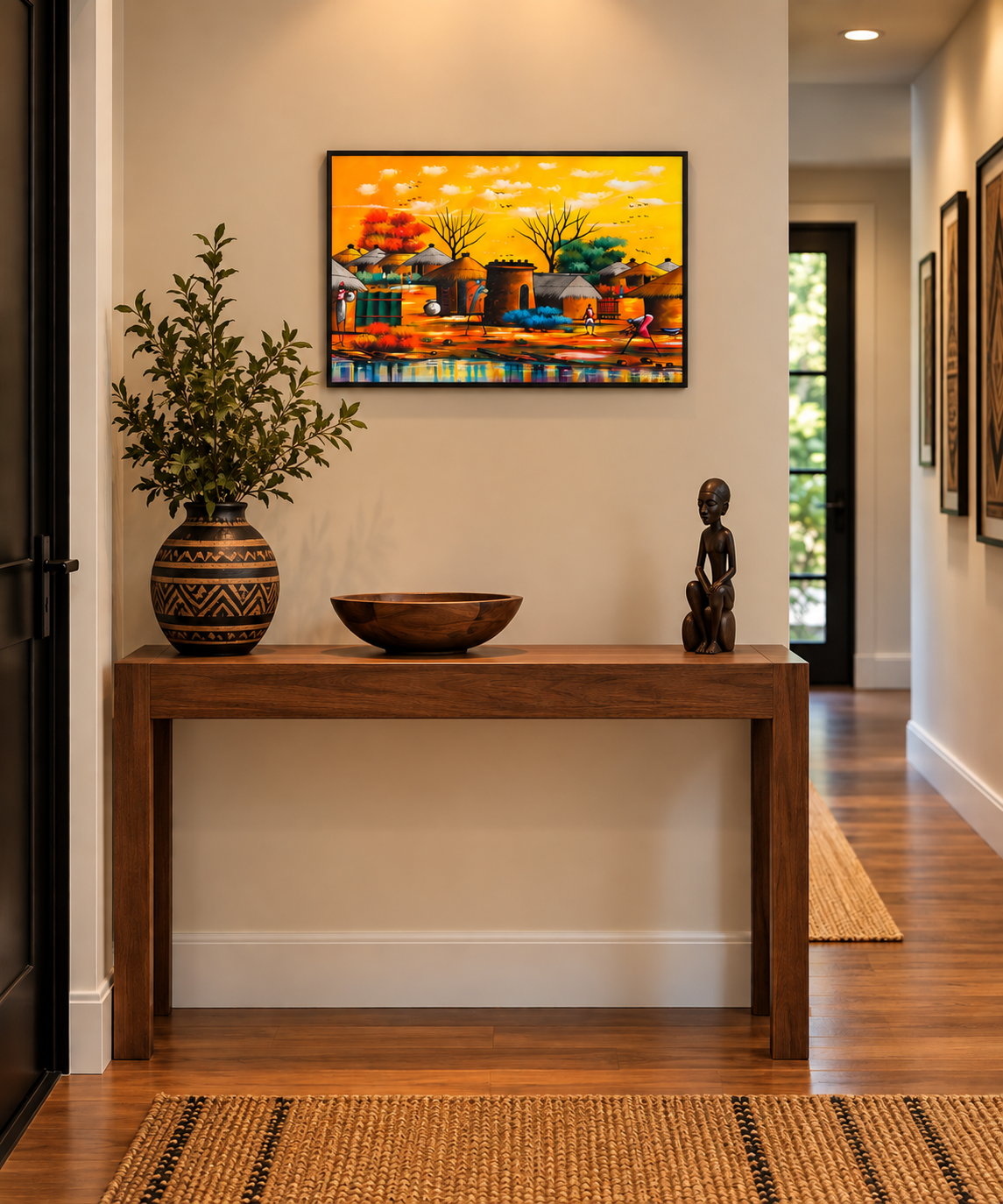 Riverside Village at Golden Hour — African Village Wall Art Canvas