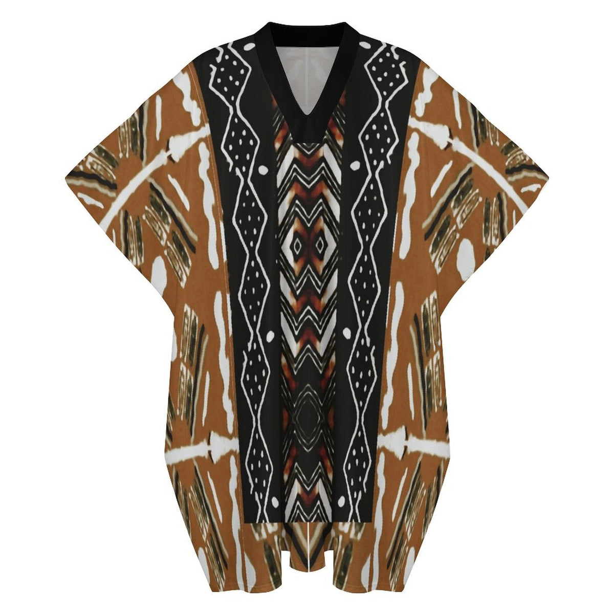 A loose V-neck kaftan tunic with a bold geometric tribal pattern in brown, black, white, and red, shown against a plain white background.