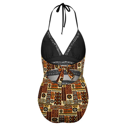 Royal Kente Halter One-Piece Swimsuit – African Print V-Neck Women's Swimwear