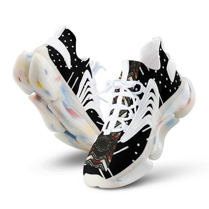 A pair of chunky athletic sneakers with a black and white patterned upper, white laces, and thick translucent white soles with subtle multicolor speckles, shown on a clean white background.