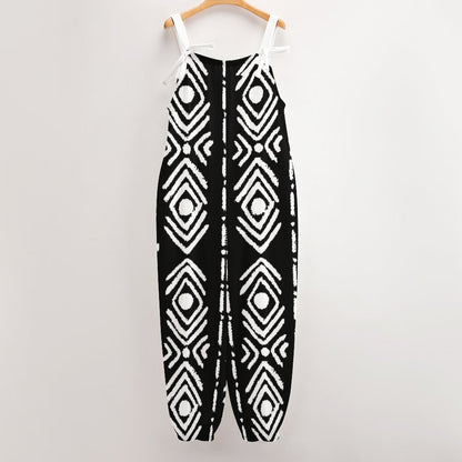 Bogolan Print Spaghetti Strap Jumpsuit | Black & White Wide-Leg Tie-Strap Romper