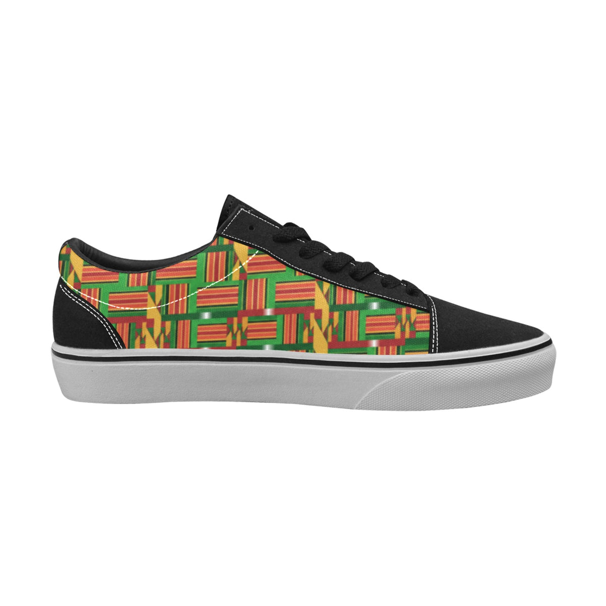 Kente Print Men’s Low-Top Skate Sneakers — Black Suede Accents (ME001-2)