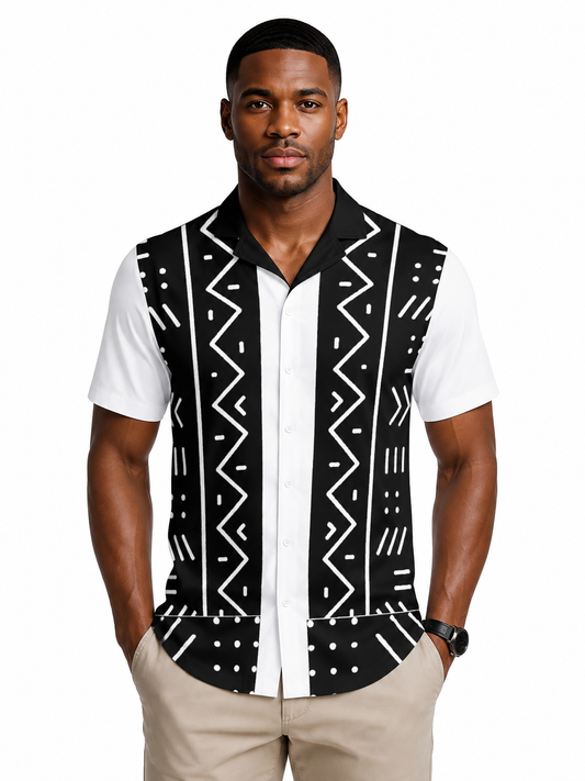 Mudcloth Print Cuban Collar Shirt — Men's Contrast Sleeve