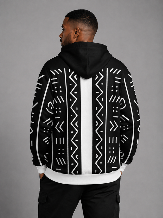 Mudcloth Print Quarter-Zip Hooded Sweatshirt — Men's Contrast Trim