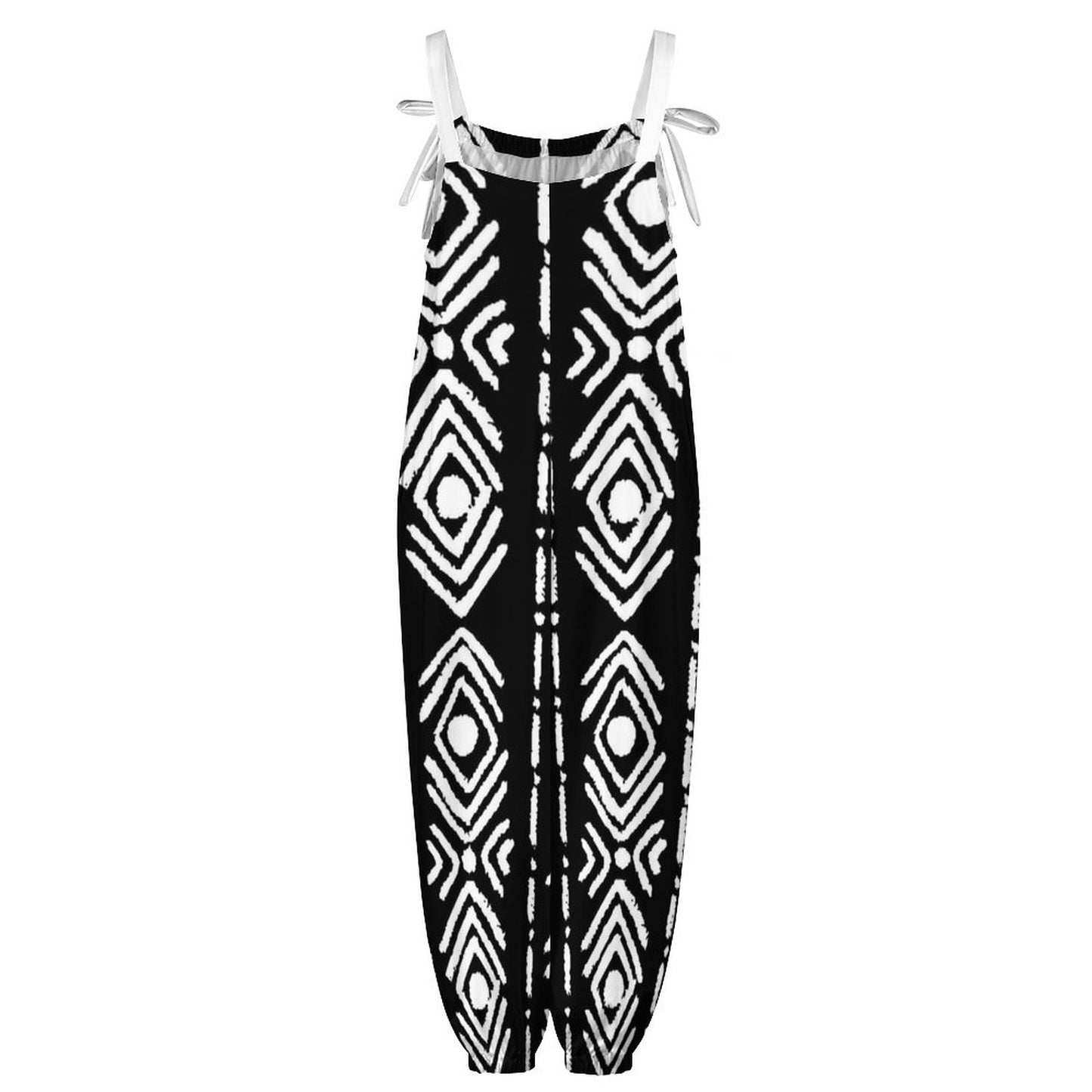 Bogolan Print Spaghetti Strap Jumpsuit | Black & White Wide-Leg Tie-Strap Romper