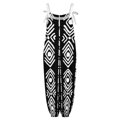 Bogolan Print Spaghetti Strap Jumpsuit | Black & White Wide-Leg Tie-Strap Romper