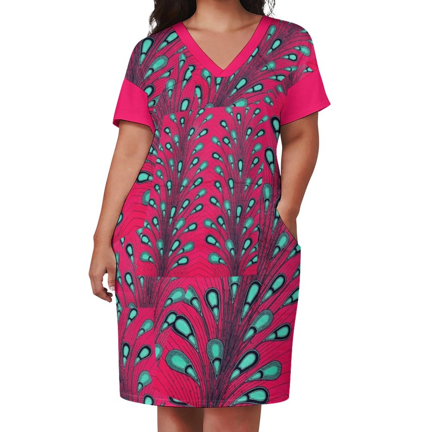 Ankara Peacock Print V-Neck Baggy Dress | Pink & Teal Oversized Midi with Pockets