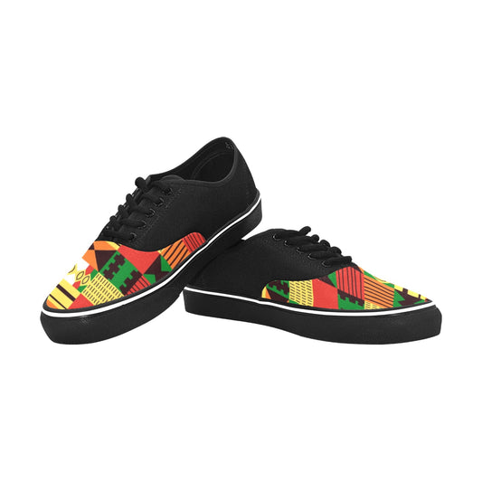 Kente Print Canvas Sneakers — Black with African Tribal Toe Panel