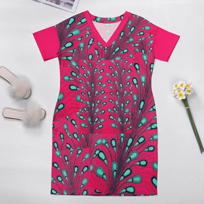 Ankara Peacock Print V-Neck Baggy Dress | Pink & Teal Oversized Midi with Pockets