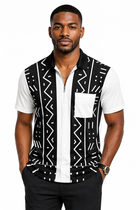 Mudcloth Print Half Zip Shirt with Pocket — Men's Contrast Sleeve