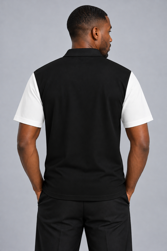 Mudcloth Print Half Zip Shirt with Pocket — Men's Contrast Sleeve