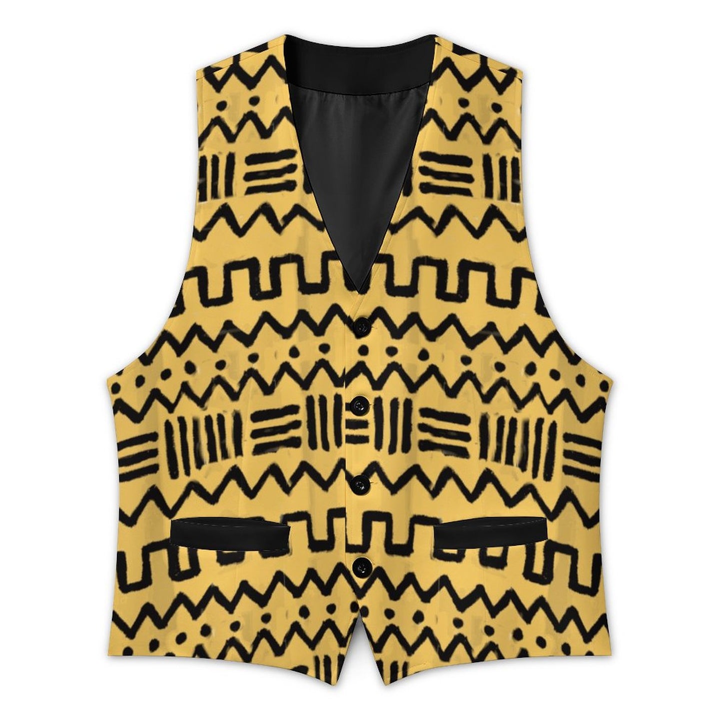 A sleeveless vest with a yellow and black geometric pattern, featuring a V-neck, button front, and horizontal black bands near the waist, shown on a plain white background.