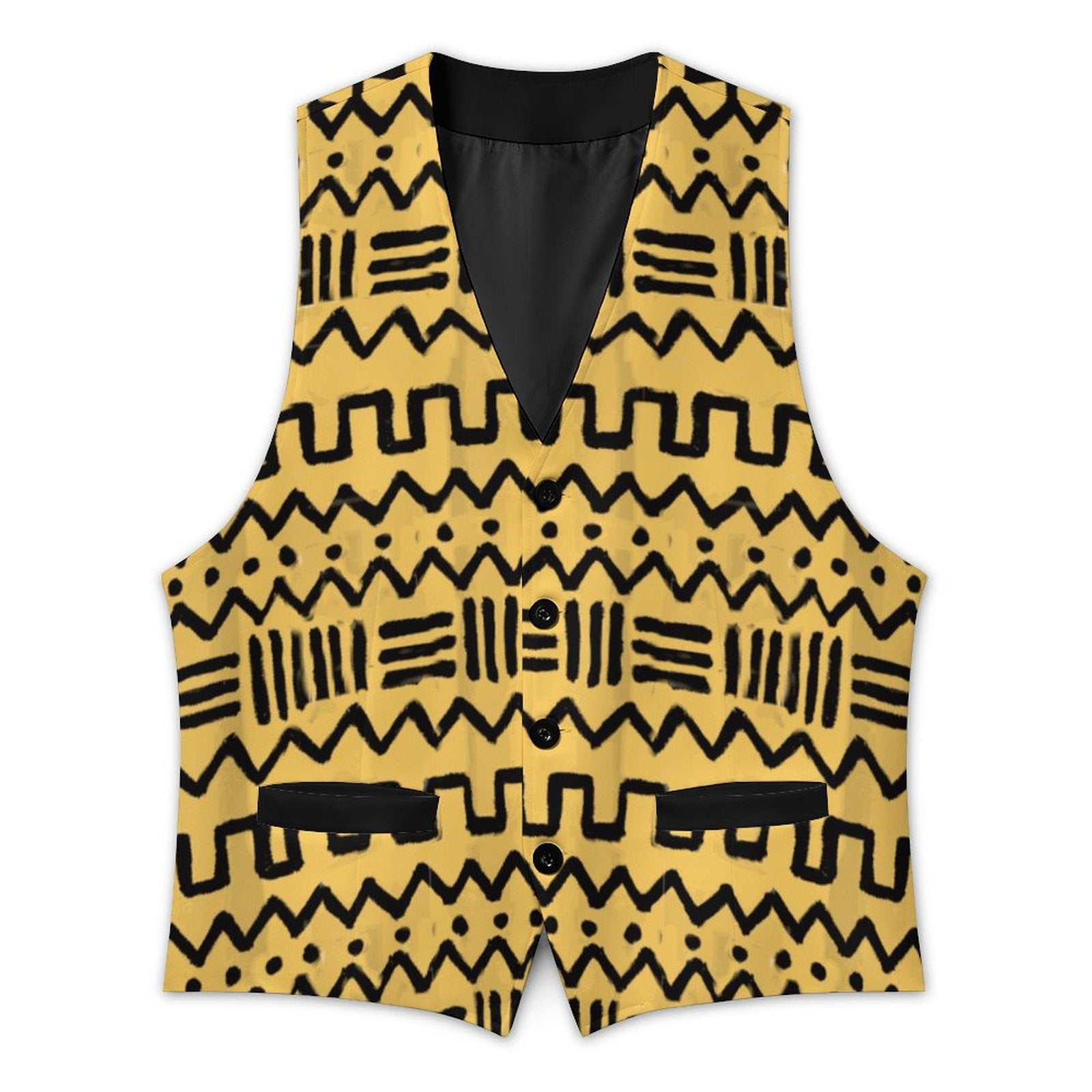 A sleeveless vest with a yellow and black geometric pattern, featuring a V-neck, button front, and horizontal black bands near the waist, shown on a plain white background.