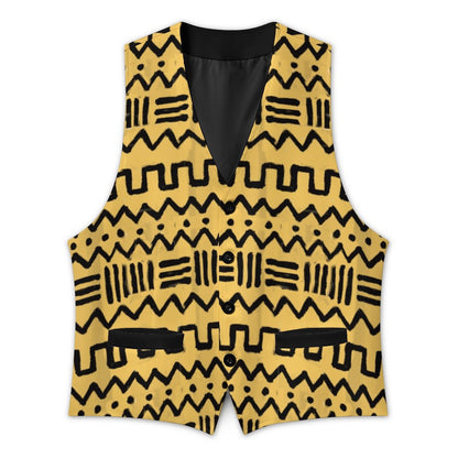 A sleeveless vest with a yellow and black geometric pattern, featuring a V-neck, button front, and horizontal black bands near the waist, shown on a plain white background.