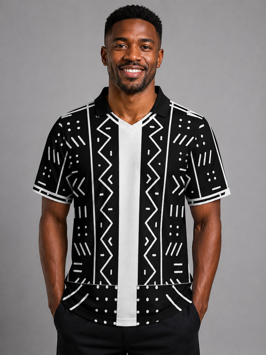 Mudcloth Print Polo Jersey — Men's V-Placket
