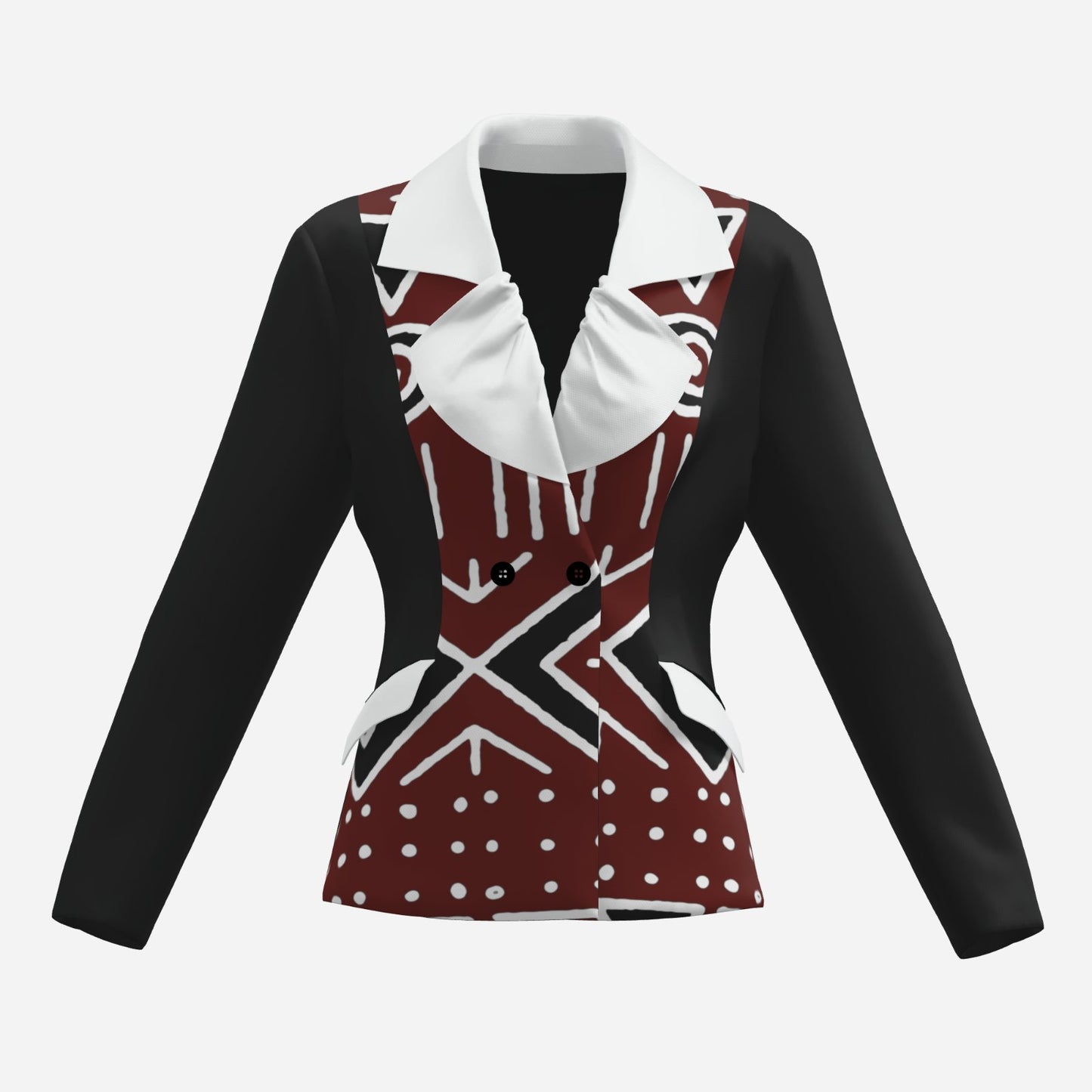 A long-sleeve blazer with a bold geometric pattern, featuring black sleeves and shoulders, a white collar, and a maroon body with white graphic patterns.