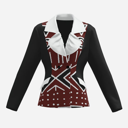 A long-sleeve blazer with a bold geometric pattern, featuring black sleeves and shoulders, a white collar, and a maroon body with white graphic patterns.