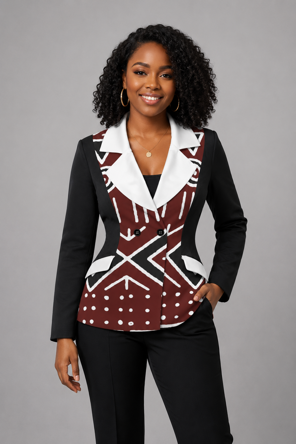 Mudcloth Print Ruffle Collar Blazer — Women's Fitted Jacket