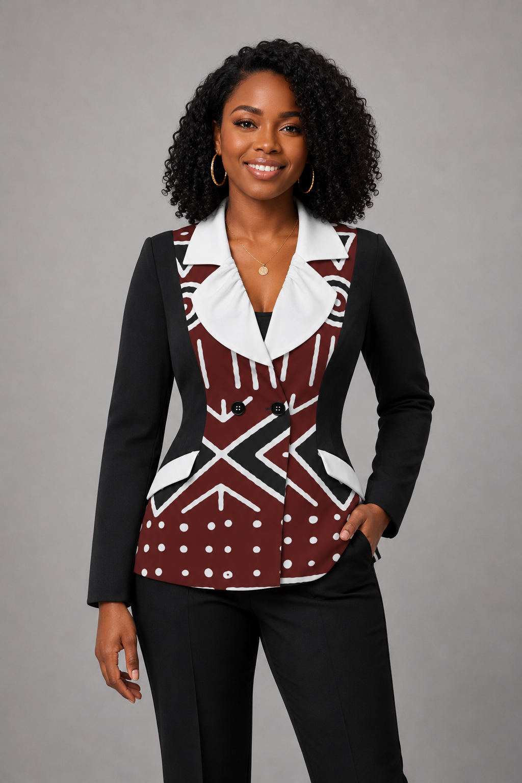Mudcloth Print Ruffle Collar Blazer — Women's Fitted Jacket