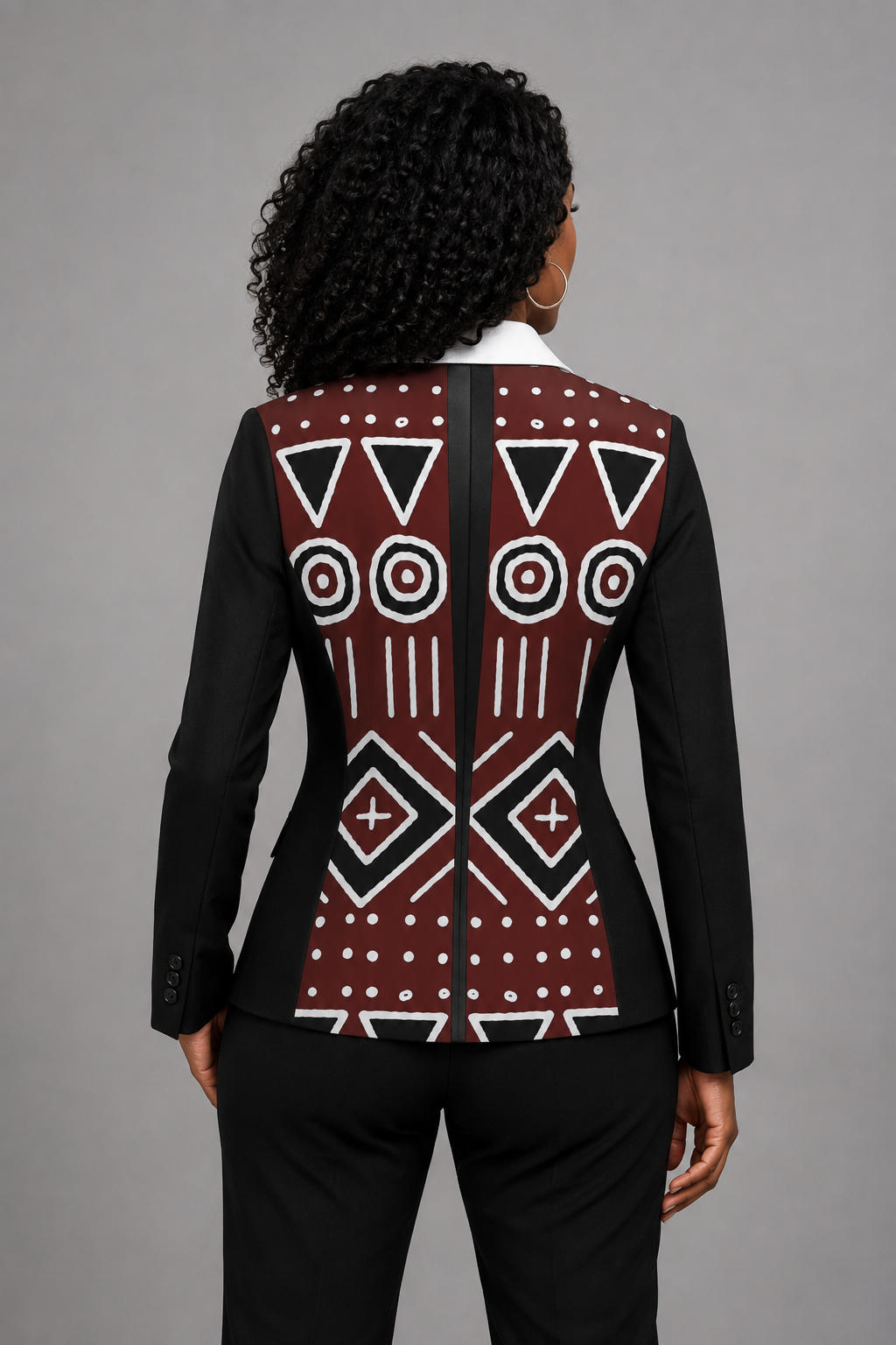 Mudcloth Print Ruffle Collar Blazer — Women's Fitted Jacket
