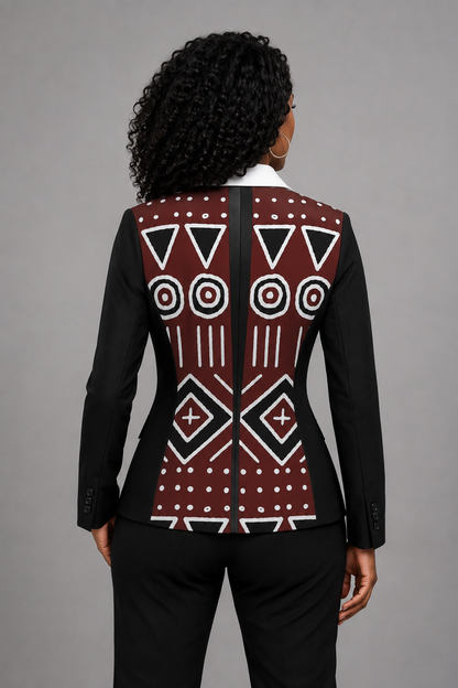 Mudcloth Print Ruffle Collar Blazer — Women's Fitted Jacket