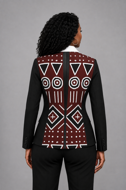 Mudcloth Print Ruffle Collar Blazer — Women's Fitted Jacket