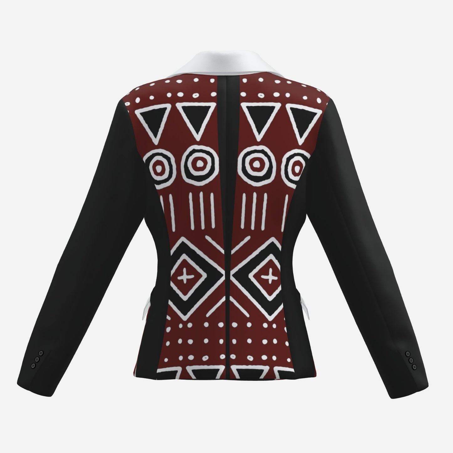 A long-sleeve blazer shown from the back, featuring solid black sleeves and side panels with a central back panel decorated in a bold geometric pattern of red, black, and white tribal-inspired shapes.