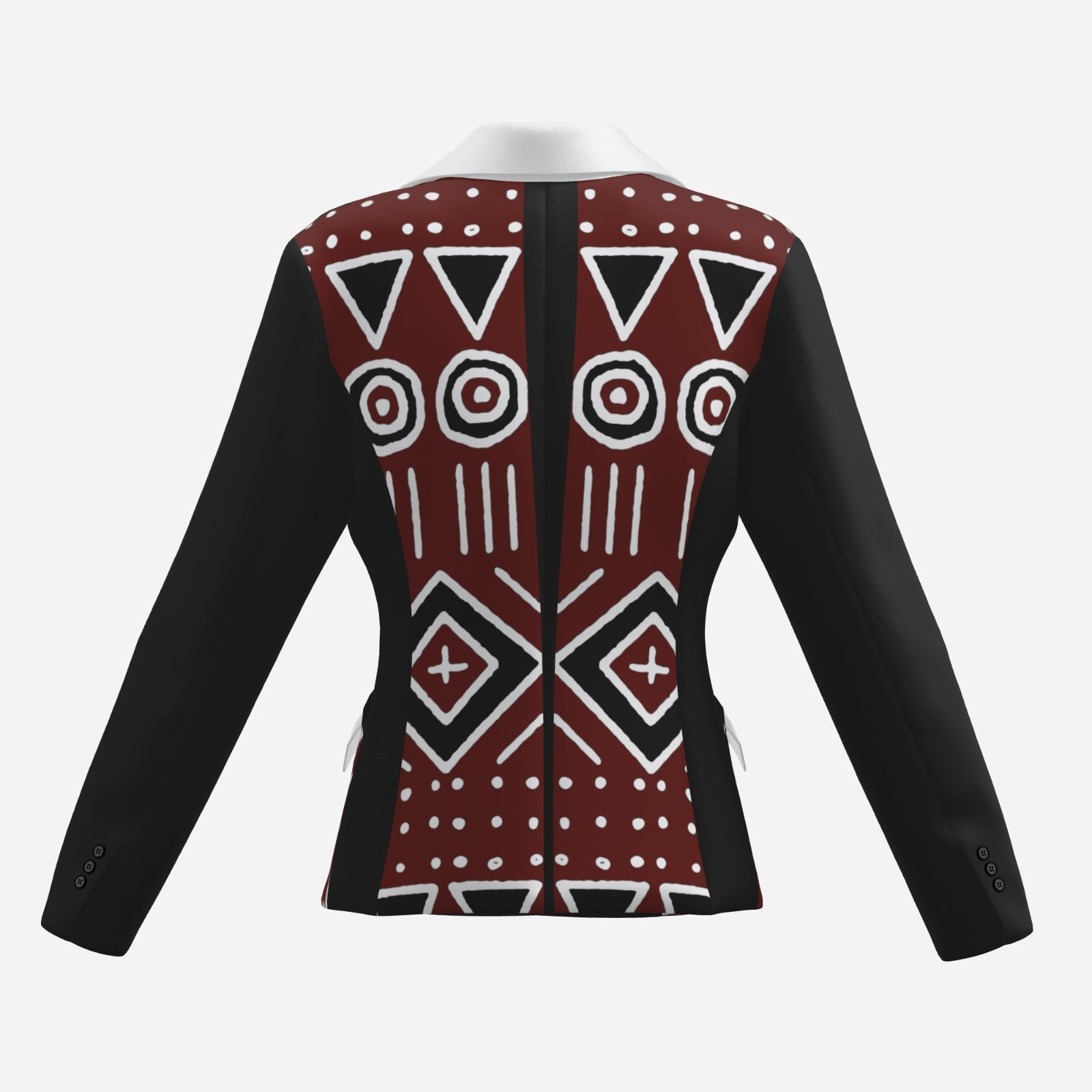 A long-sleeve blazer shown from the back, featuring solid black sleeves and side panels with a central back panel decorated in a bold geometric pattern of red, black, and white tribal-inspired shapes.