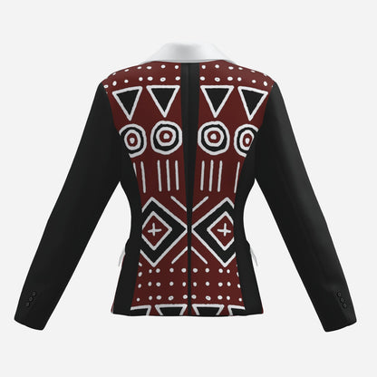 A long-sleeve blazer shown from the back, featuring solid black sleeves and side panels with a central back panel decorated in a bold geometric pattern of red, black, and white tribal-inspired shapes.