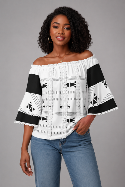 Women's Off-Shoulder Geometric Lace Blouse — Lightweight 170 GSM Fabric