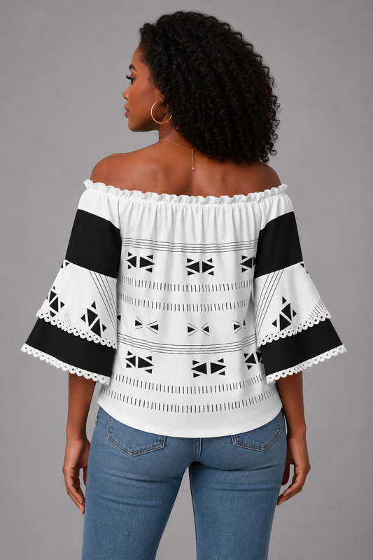 Women's Off-Shoulder Geometric Lace Blouse — Lightweight 170 GSM Fabric