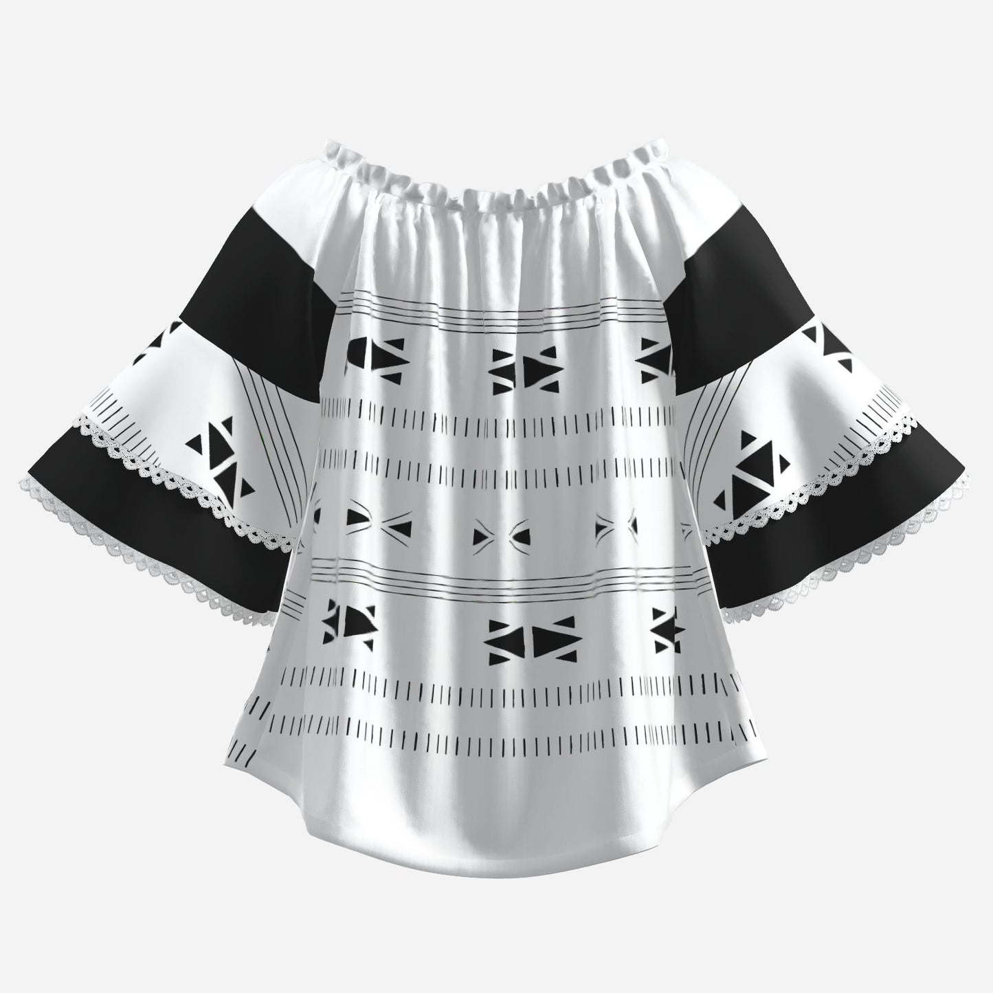A women's off-the-shoulder blouse with a white base, black geometric tribal patterns, and black solid shoulder panels, finished with scalloped lace trim.
