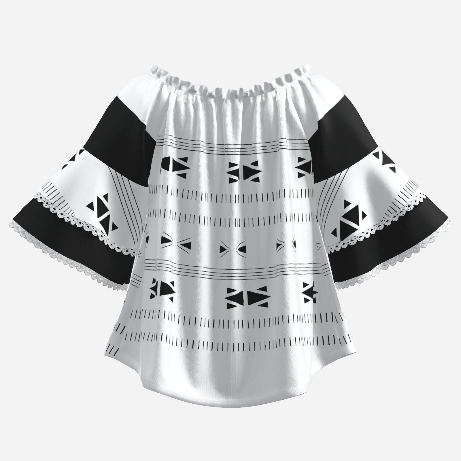 A women's off-the-shoulder blouse with a white base, black geometric tribal patterns, and black solid shoulder panels, finished with scalloped lace trim.