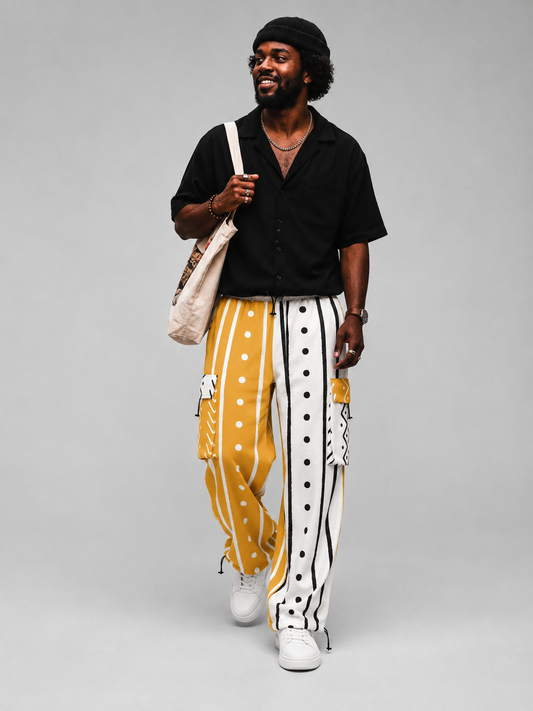 Men's Color Block Mudcloth Print Baggy Cargo Pants with Adjustable Cuffs