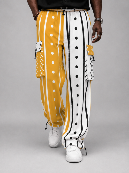 Men's Color Block Mudcloth Print Baggy Cargo Pants with Adjustable Cuffs