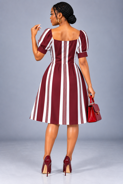 Striped Fit & Flare V-Neck Dress — Burgundy & White