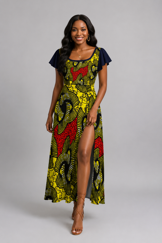 Ankara Flared Slit Dress – Elegant African Print Maxi Dress for Effortless Style